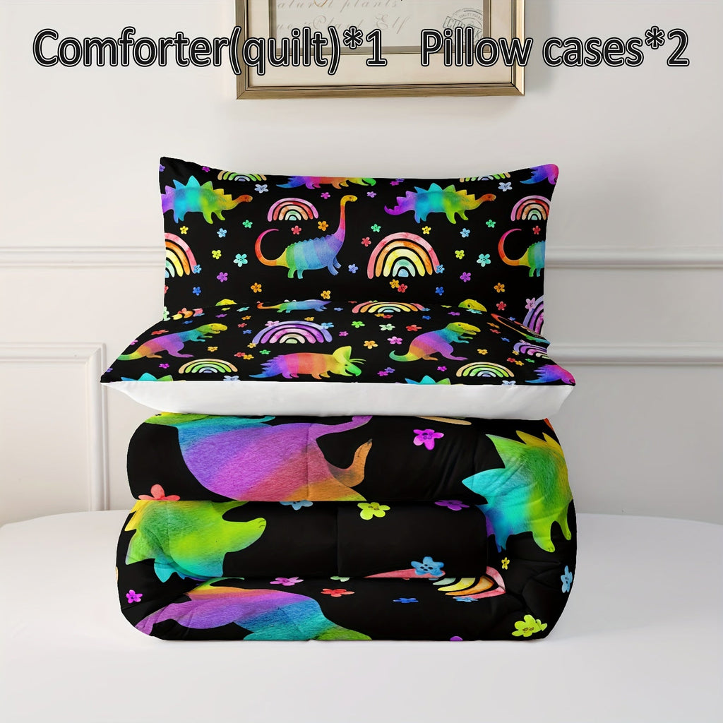 Rainbow Dinosaur Comforter Set Colorful Dino Bedding Set, Cartoon Dinosaur Comforter With 1 Comforter And 2 Pillowcases Ultra-Soft Lightweight