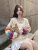 Women's Asian Style Acrylic Knit Cardigan - Fall/Winter Fashion V-Neck Long Sleeve Sweater with Color Block Design and Button Placket