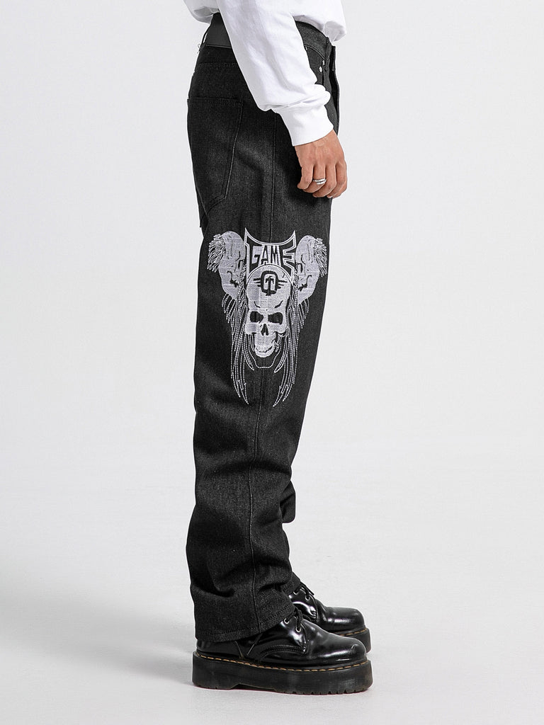 1 Pair, Skull Embroidery Original Color Jeans Street Trend Retro HIPHOP Straight Tube Skateboard Street Dance Hip-hop Jeans