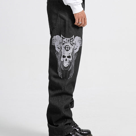 1 Pair, Skull Embroidery Original Color Jeans Street Trend Retro HIPHOP Straight Tube Skateboard Street Dance Hip-hop Jeans