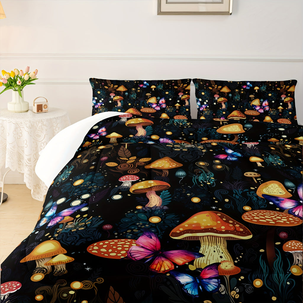 Mushroom Comforter Sets Natural Wild Fungus Bedding Sets Botanical Plants Duvet Set With 3D Printed Bedding 1 Comforter With 2 Pillowcases