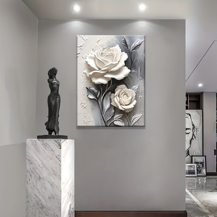 Elegant White Rose 3D Embossed Canvas Art - Modern Floral Wall Decor for Living Room, Bedroom, Office & More - Framed HD Print Oil Painting with Pine Wood Frame - Perfect Gift for Halloween, Thanksgiving, Christmas