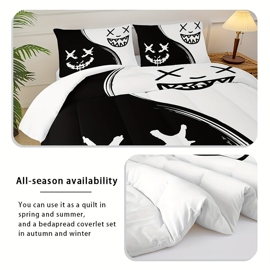 3 Piece Black And White Puzzle Comforter Set, Cartoon Anime Bedding, Cartoon Gothic Bedroom Decor (1 Comforter + 2 Pillowcases), Comforter For All Seasons, Soft, Comfy And Breathable Printed Bedding For Home Dorm Decoration