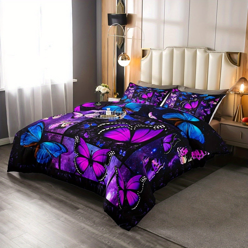 Butterfly Comforter Set Starry Sky Galaxy Comforter Blue Purple Butterfly Bedding Sets Women Bedroom Decor, Aesthetics Butterflies Quilt Duvet Set 1/2 Pillow Cases Room Decor