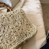Summer Square Hollow Out Straw Bag Handmade Woven Bamboo Handle Large Capacity