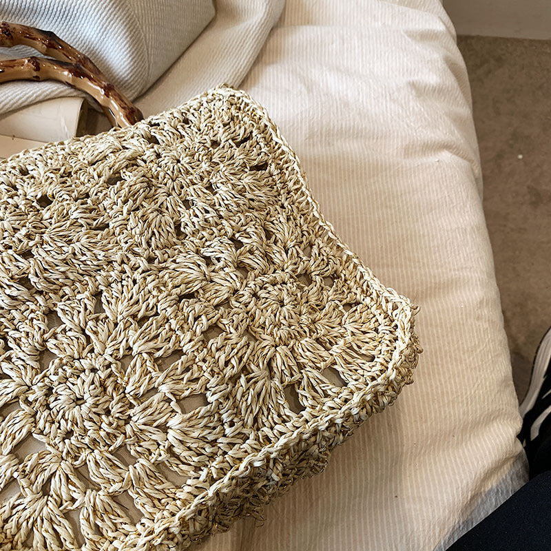 Summer Square Hollow Out Straw Bag Handmade Woven Bamboo Handle Large Capacity