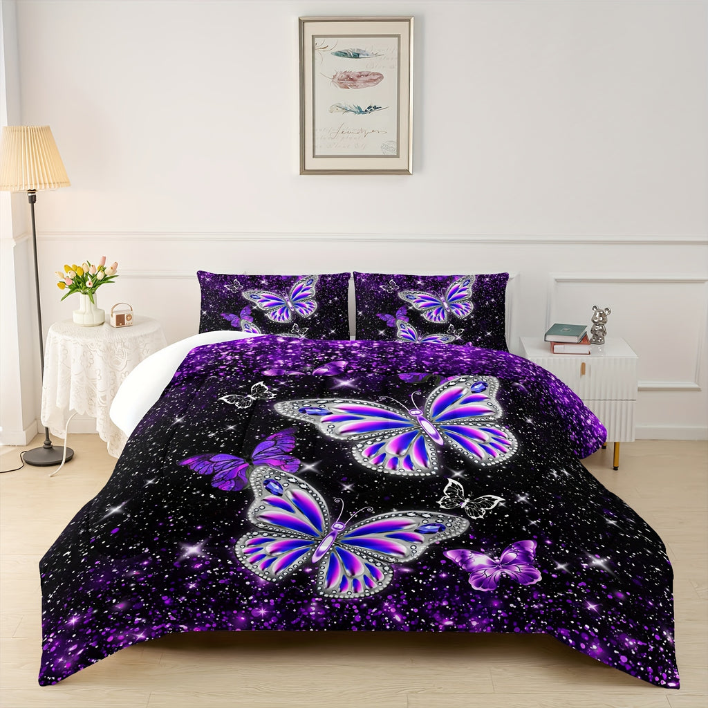 Purple Butterfly Quilt Set, Purple Starry Sky Galaxy Duvet Sets, Creative Design Printed Bedding, Bedroom Decoration Duvet Set (1*Comforter + 2*Pillowcase, Without Core)