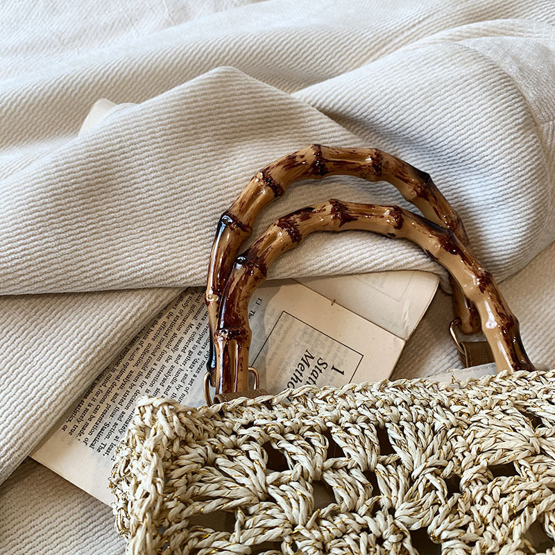 Summer Square Hollow Out Straw Bag Handmade Woven Bamboo Handle Large Capacity