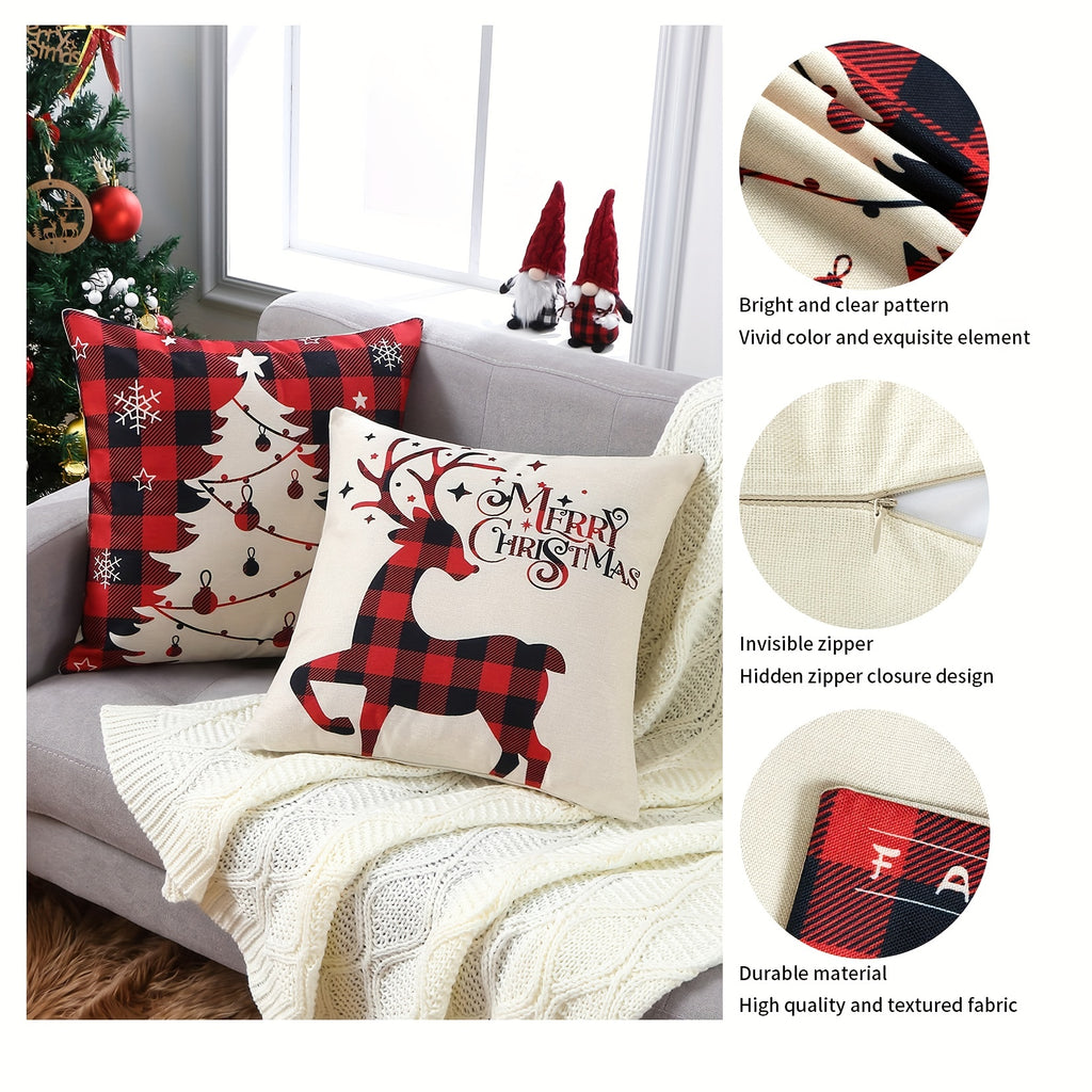 4pcs, Christmas Linen Blend Throw Pillow Case, Deer Snow Square Cushion Case, Decorative Pillow Cover For Living Room Bedroom Couch Sofa, Home Decor Room Decor Party Decor Single-Sided Printed (No Pillow Insert)