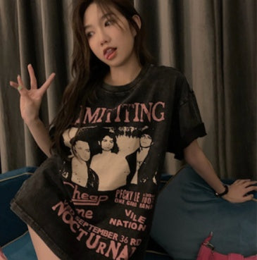 American Retro Black Front Shoulder Short Sleeve T Shirt