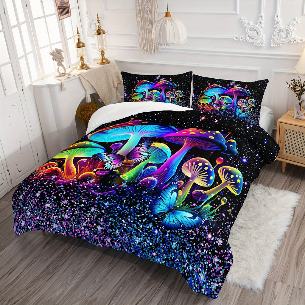 Mushroom Comforter Set, Colorful Sparkle Natural Wild Fungus Bedding Set, Botanical Plants Duvet Set Butterfly Comforter with 2 Pillowcases