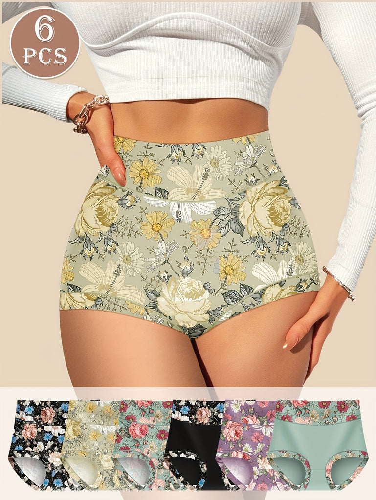 6pcs Elegant High-Waist Women's Briefs with Floral Print - Comfortable, Breathable Polyester Blend Underwear by MEIYATING