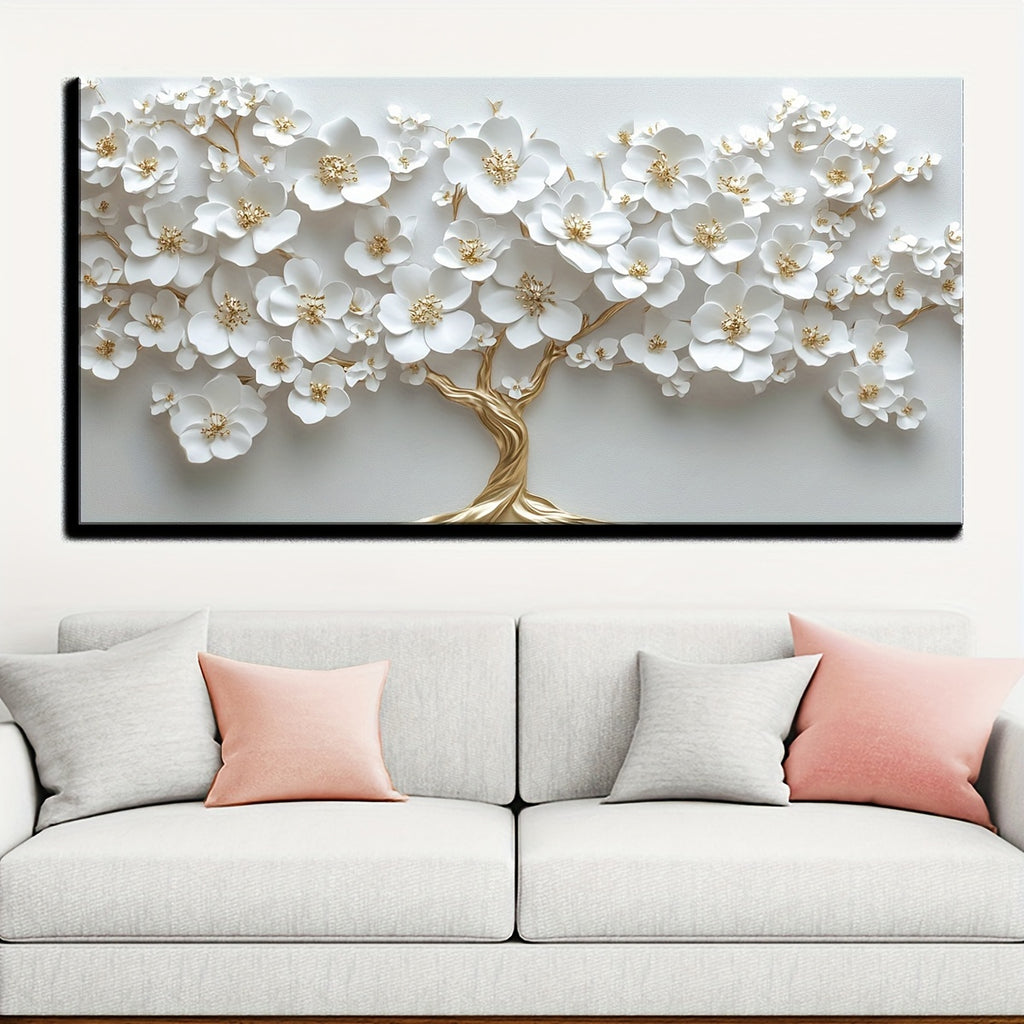 1 piece Nordic white floral oil painting on canvas, modern art, decorative wall painting for living room and bedroom, ideal for luxury background wall, home decoration, 1.5inch thickness Pine solid wood Framed