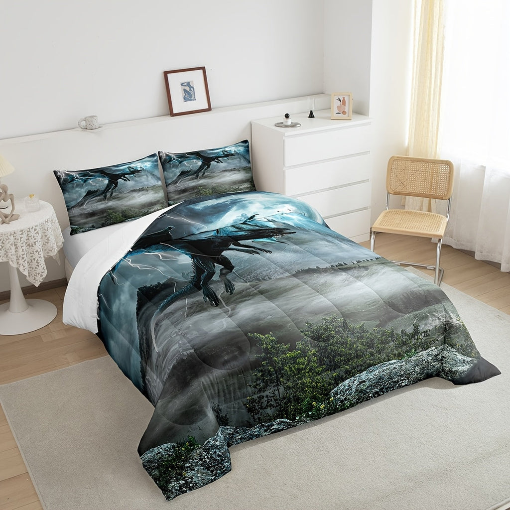 Dragon Comforter Set 3D Animal Theme Quilt Set White Lightning Print Bedding Comforters 2/3pcs for MenTeens Room Decor, Ancient Wildlife Comforter with 1/2 Pillowcases Perfect for Cozy Holiday Home Decor Birthday/Christmas Present