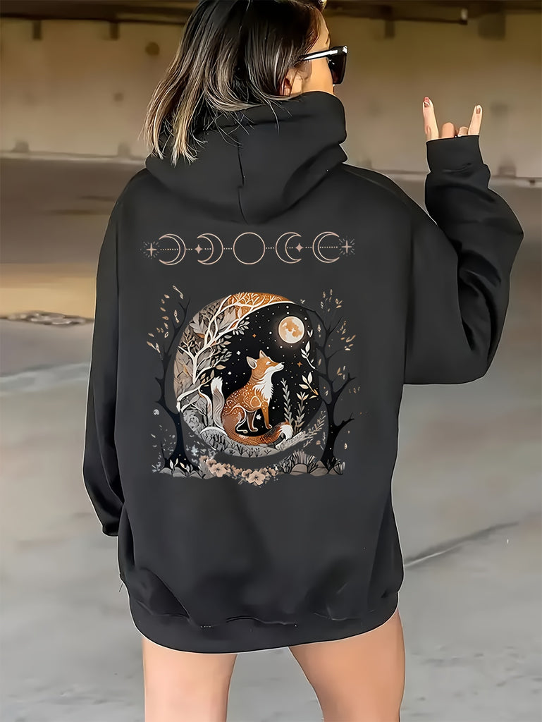 Fox Print Zipper Pockets Hoodie, Casual Long Sleeve Hoodies Sweatshirt, Women's Clothing