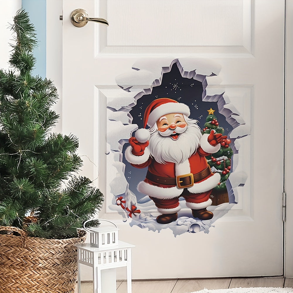 Santa Claus Self-Adhesive Wall Decal - Removable Christmas Window & Door Sticker for Bedroom, Bathroom, Kitchen Cabinets - Festive Red & White PVC Art, 15.7x19.6 inches