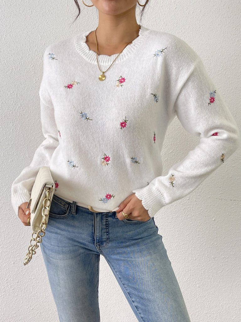 Floral Embroidery Long Sleeve Scallop Trim Sweater for Women, Casual Crew Neck Drop Shoulder Sweater for Winter & Fall