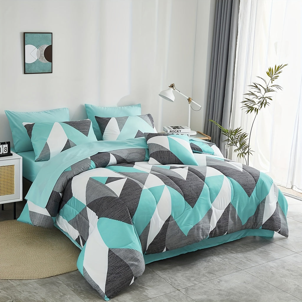 8 Pieces Teal Comforter Set Queen Size Bed In A Bag Set Geometric Bedding Quilt Set Luxury Chevron Printed Teal And Grey Bedding Down Alternative Comforter Soft Microfiber Turquoise Comforter With 200g Microfiber Filling Lightweight For All Seasons