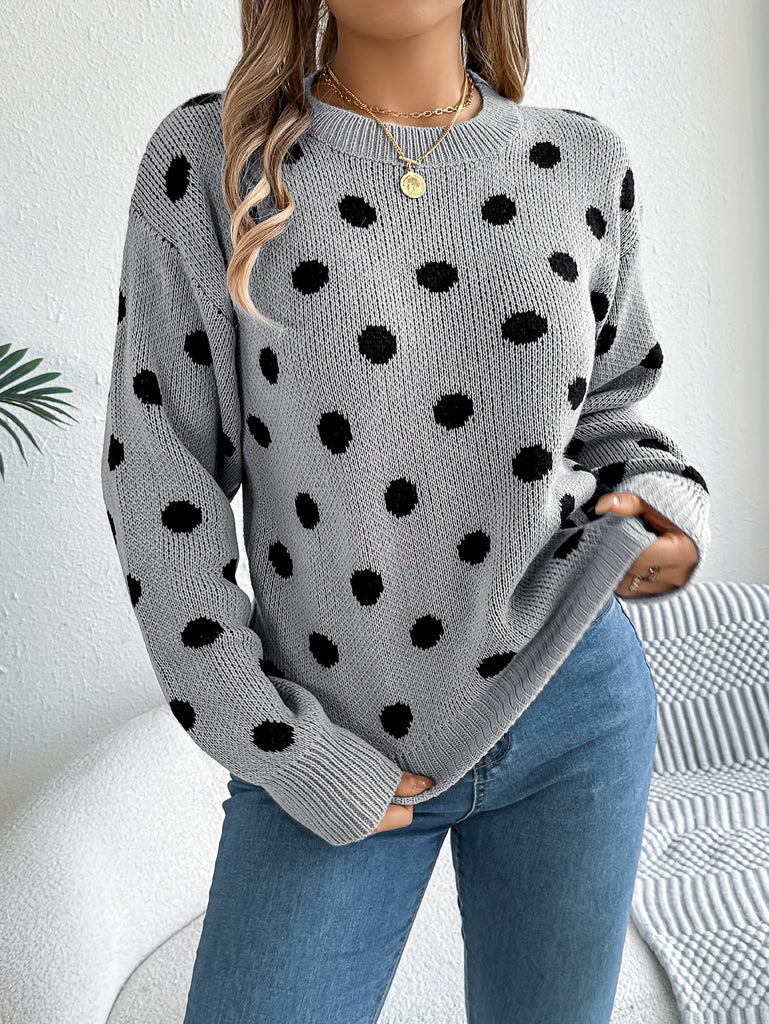 Women's Autumn Winter Knit Long Sleeve Crew Neck Sweater With Dot Pattern, Soft Acrylic Fabric, Elegant Casual Wear