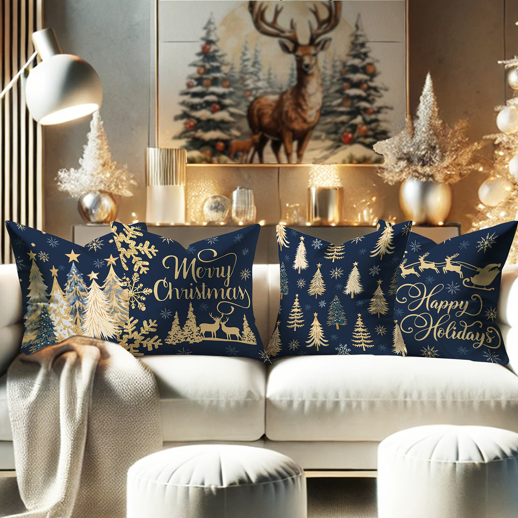 4pcs Set of Festive Velvet Throw Pillow Covers - Christmas Deer, Tree & Snowflake Designs in Blue and Golden - Soft, Cozy Decorative Cushion Cases for Living Room & Bedroom - Machine Washable, Zip Closure, Christmas Decor