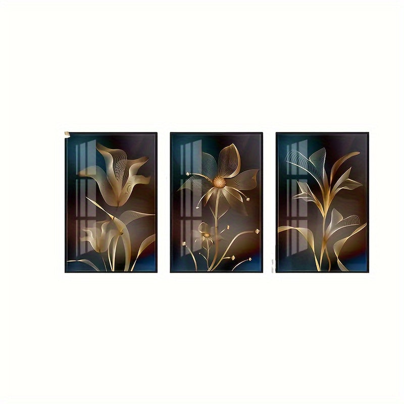 Black Color And Gold Color Style Canvas Wall Artwork, Abstract Black And Gold Line - Bloom Floral Modern Art Picture, For Modern Living Room Bedroom Decor (framed, 3Pcs)