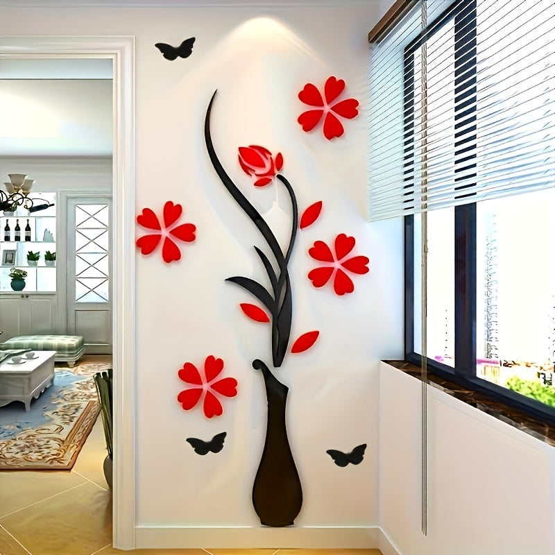 Contemporary Acrylic Wall Decals with 3D Vase and Blooms Design, Matte Finish, Washable, Self-Adhesive Floral Artwork, Reusable Space Theme Decor with Butterflies and Flower Embellishments