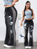 Women's Retro Skull Print Flare Jeans - Stretch Denim, Machine Washable, Perfect for Casual Wear