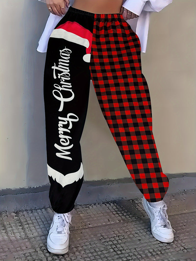 Women's Festive Christmas Joggers - Casual Plaid & Letter Print, Elastic Waistband, Cozy Polyester Blend for Fall/Winter