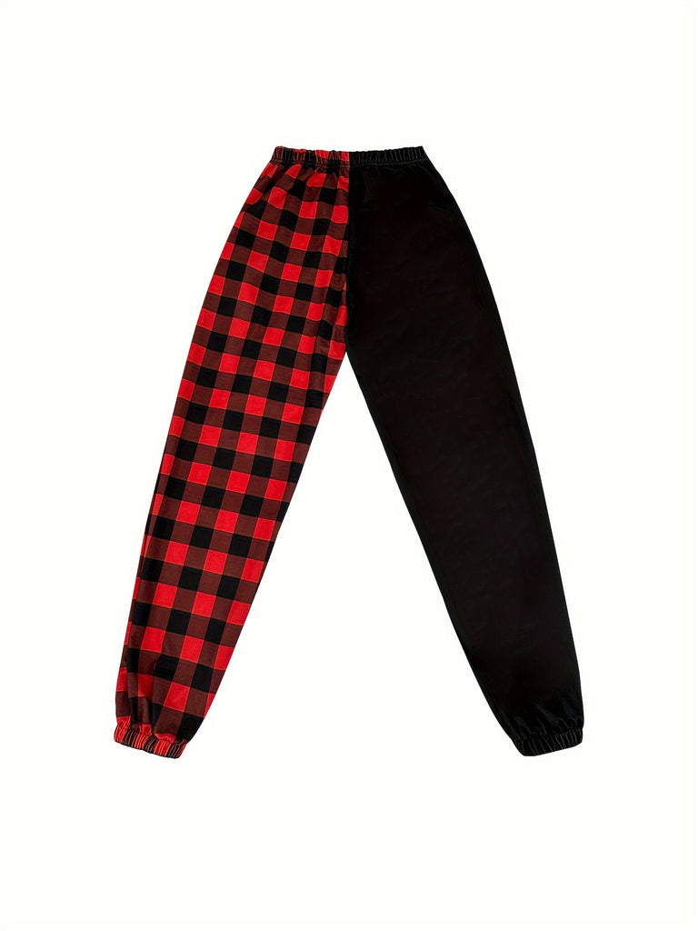 Women's Festive Christmas Joggers - Casual Plaid & Letter Print, Elastic Waistband, Cozy Polyester Blend for Fall/Winter