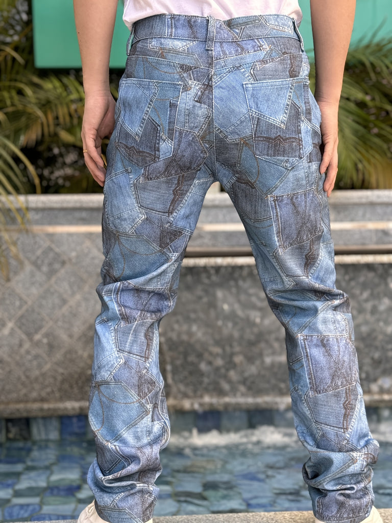 American Men'S Printed Faux Denim Pants, Fashion Street Straight Tube Style, Trend Full 3D Digital Printing, Suitable For All Occasions, Straight Tube Pants, Full Strip Fashion Printing Design, Suitable For All Seasons, So Young Men Special Choice