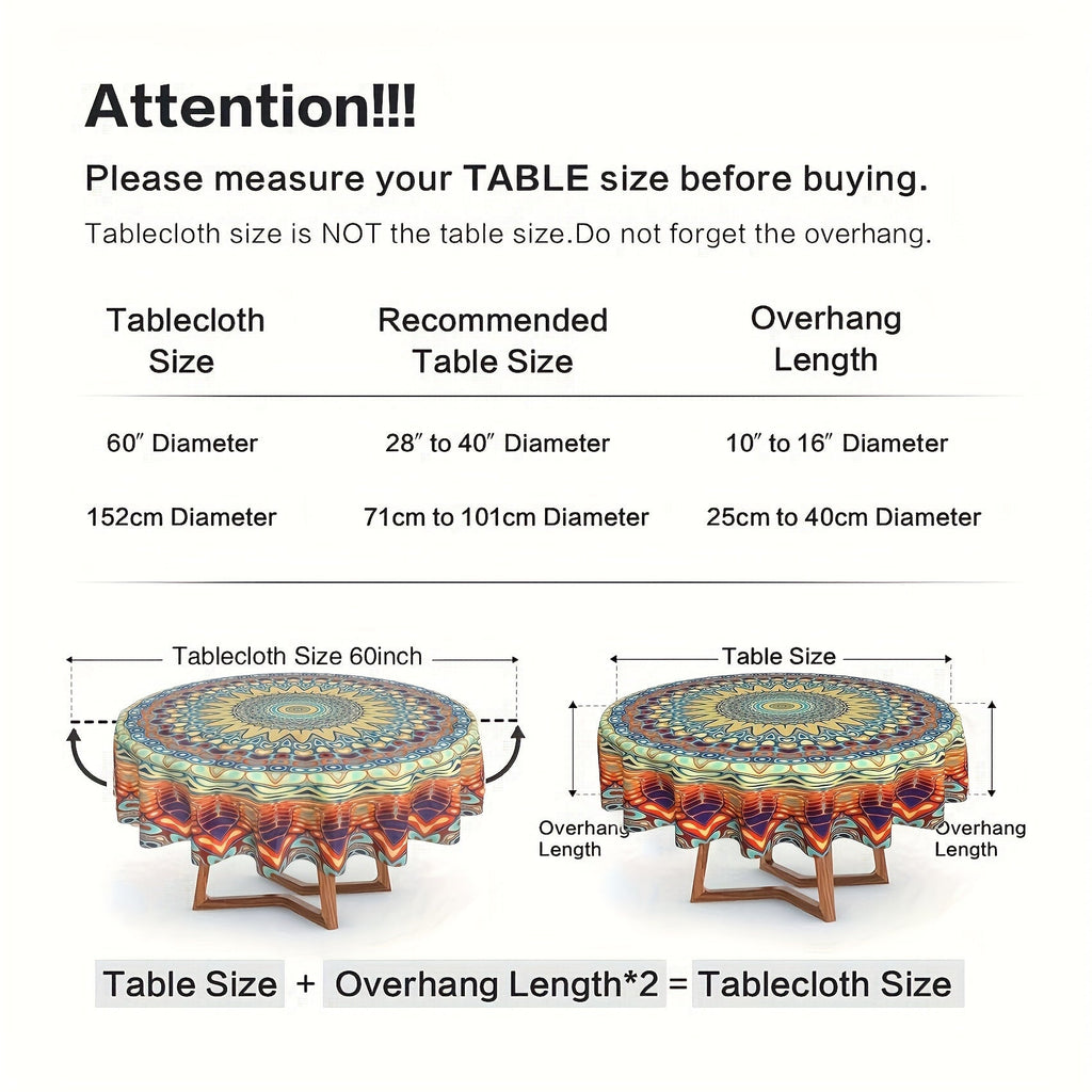 1pc Boho Round Tablecloth 60 Inch, Bohemian Circle Table Cloth, Stain Resistance, Water Repellent And Wrinkle-Free, Colorful Table Cover Decor For Home Kitchen Dining Party Patio Indoor And Outdoor Use