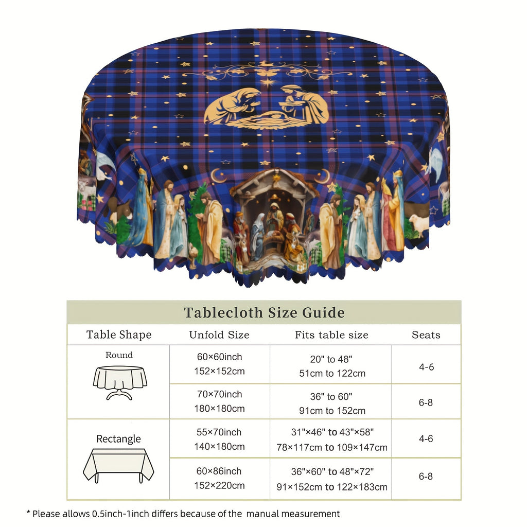 Biblical Nativity Scene Embossed Edge Polyester Tablecloth - Plaid Pattern, Machine Made, Stain & Water Resistant, Ideal for Home Kitchen, Coffee Table, Holiday Party, Outdoor Picnic Decor - Universal Fit for Christmas, Graduation, Winter Celebrations