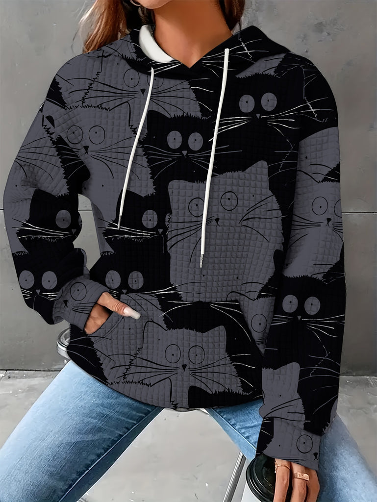 Cat Print Hoodie, Drawstring Casual Hooded Sweatshirt For Fall & Spring, Women's Clothing