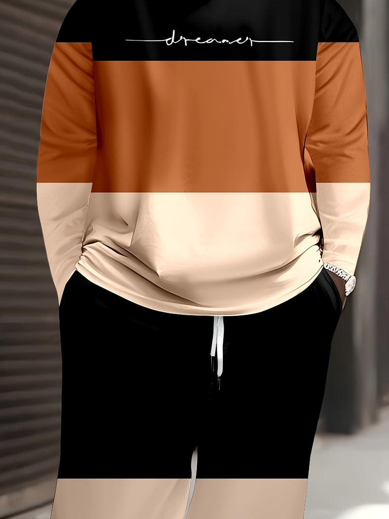 Men's Plus Size Casual Sportswear Set - Color Block & Cartoon Print, Long Sleeve Crew Neck Sweatshirt with Pockets & Joggers - For Men - Suitable for Casual Wear & Sports - Perfect Gift Idea for Him