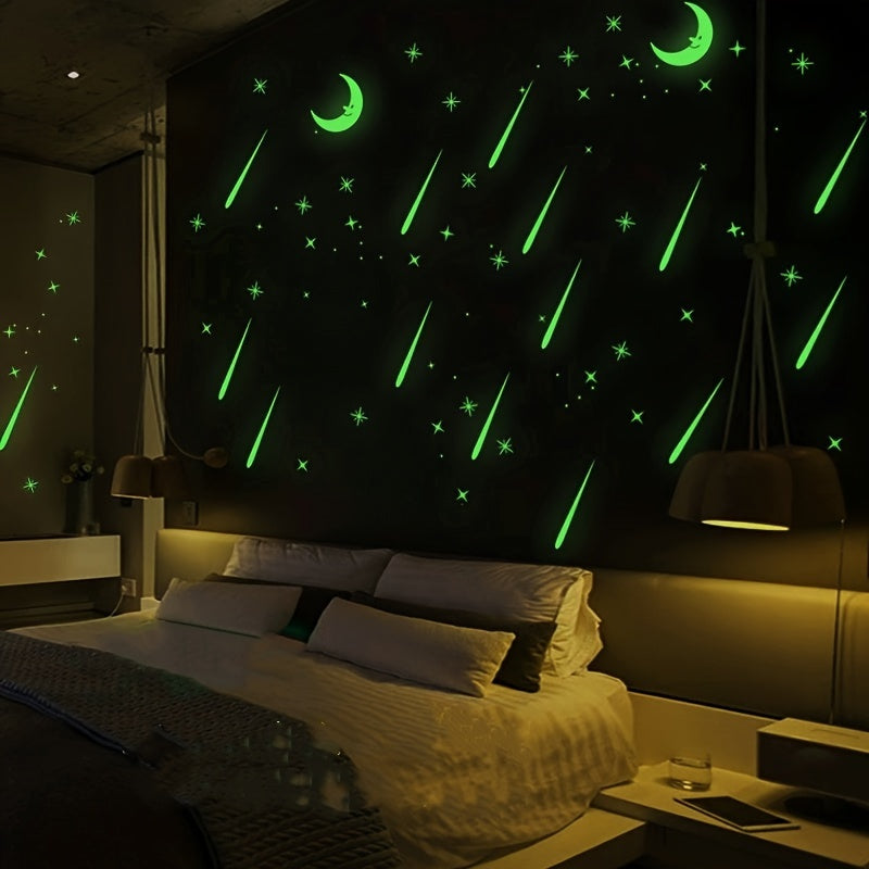 Fluorescent Meteor & Moon Wall Decal - Removable PVC Sticker for Bedroom, Living Room, Bathroom, Kitchen, and Playroom Decor