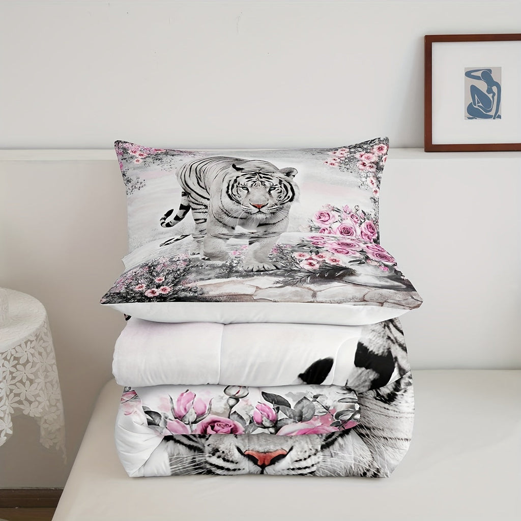 Castle Fairy Rose Flower Tiger Kids Comforter Set Queen Size, Africa Fierce Wildlife Animals White Tiger Bedding Set For Men Women Adults, Multicolor Floral Botanical Painted Print Quilt 3 Pcs Fashionable Home Products Suitable For All Seasons