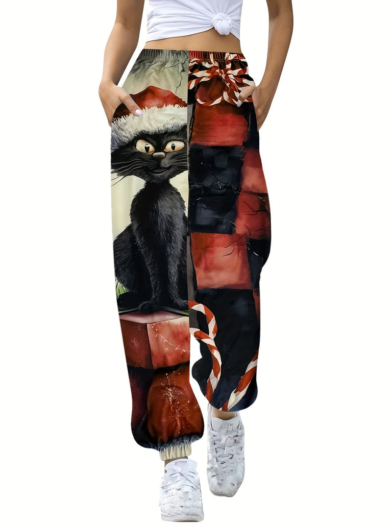 Christmas Cat and Plaid Printed Long Pants for Women - Casual Knit Fabric, Elasticated Ankle, No Belt, Polyester, Adult Fashion Jogger Pants for Fall/Winter Season