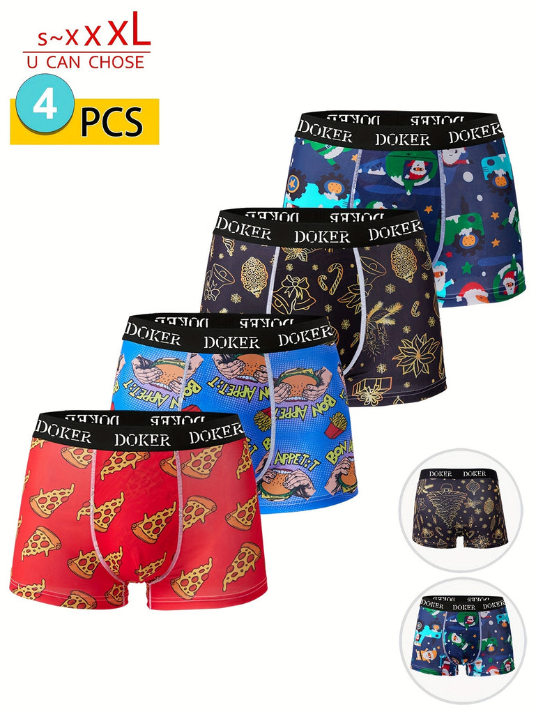 4-Pack Men'S Boxer Briefs, Christmas Print, Short Length, Stretch Polyester, Elastic Waistband, Knit Fabric, Sports/Punching/Cycling Underwear