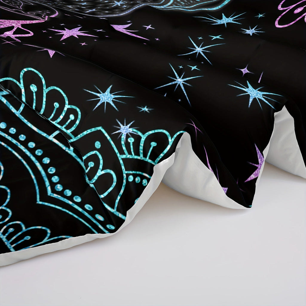 3pcs Sun Moon Butterfly Mandala Print Comforter Set (1 Comforter + 2 Pillowcase Without Pillow Insert) For All Seasons, Microfiber Rainbow Gradient Bedding Set For Bedrooms Decoration