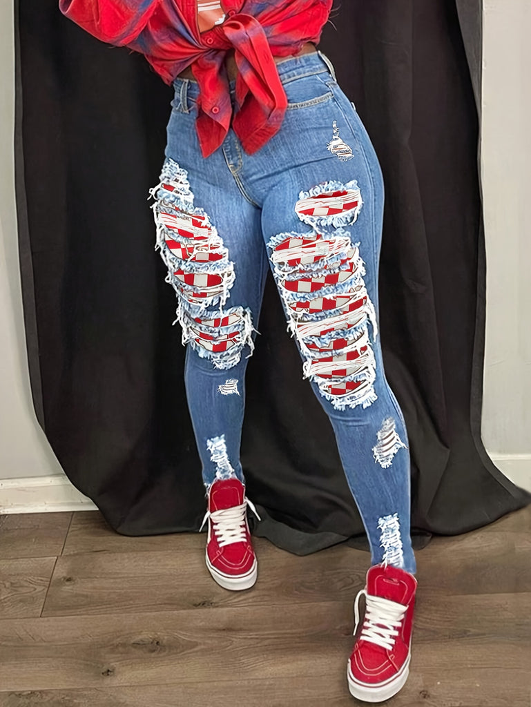 Printed Ripped Patchwork Distressed Skinny Fit Jeans, Streetwear Stretchy Denim Pants, Women's Denim Jeans & Clothing For Fall, Women's Clothing