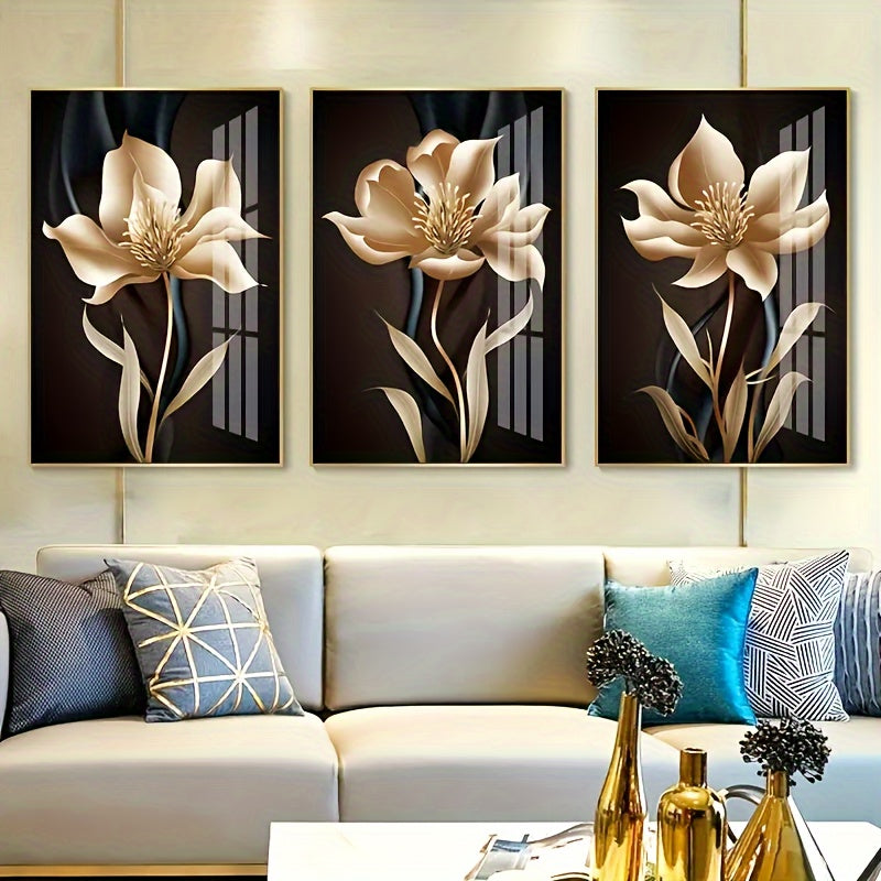 Modern Glam Style Painting - Golden Flowers on Black & White Background - Framed Wall Art Pictures - Set of 3 - Perfect for Living Room, Bedroom, Aisle Decor - Gift for Art Lovers