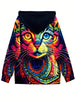 Women's Colorful Cat Print Hooded Sweatshirt, Casual Polyester Long Sleeve Pullover with Zipper, Spring/Summer/Autumn Fashion Jacket, Knit Fabric, Ladies' Leisurewear