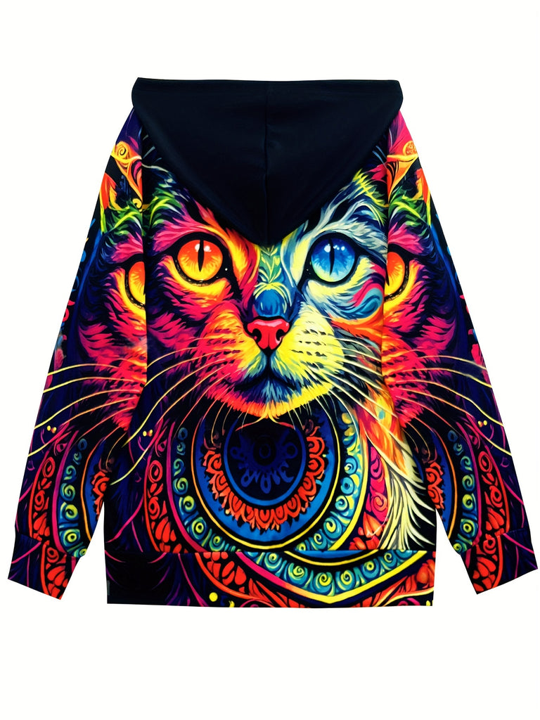 Women's Colorful Cat Print Hooded Sweatshirt, Casual Polyester Long Sleeve Pullover with Zipper, Spring/Summer/Autumn Fashion Jacket, Knit Fabric, Ladies' Leisurewear