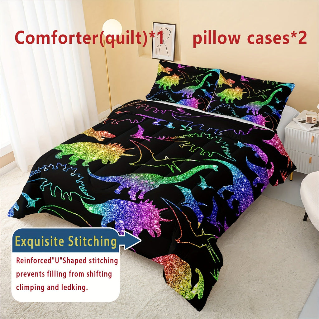 Rainbow Dinosaur Comforter Set For Colorful Dino Bedding Cartoon Dinosaur With Shiny Glitter Bedding Set Bedroom Decor 1 Comforterr + 2 Pillowcases Lightweights