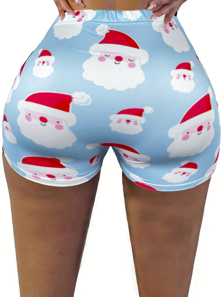 Women's Festive Christmas Santa Claus Print Casual Shorts - Comfy Polyester Blend, Machine Washable