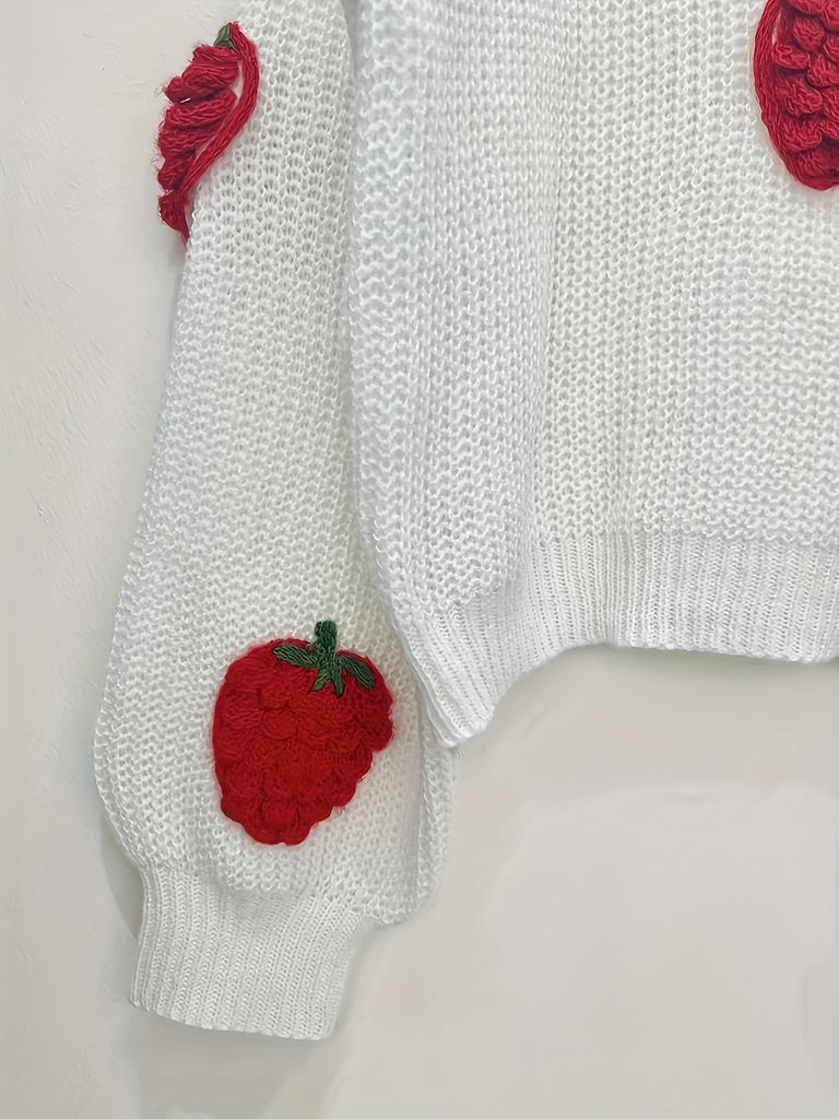 Strawberry Pattern Crew Neck Pullover Sweater, Cute Long Sleeve Drop Shoulder Sweater, Women's Clothing