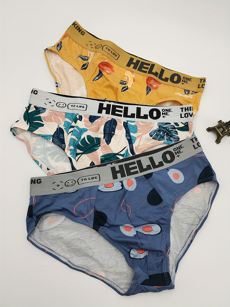 3 Pcs Stylish Mens Triangle Briefs Set - Comfy, Breathable, and Soft Underwear with Fruit & Letter Print Design - Ideal for Everyday Wear