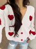 Heart Pattern Button Down Knit Cardigan, Casual V Neck Long Sleeve Loose Sweater, Women's Clothing