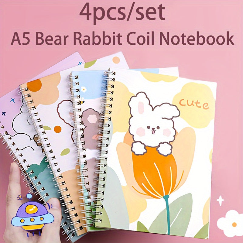 4-Pack A5 Spiral Notebooks with Minimalist Bear and Rabbit Designs, 120 Pages Each, Durable Coil Bound Journals with Lay-Flat 360° Design, Cute Illustrated Writing Notebooks for Students and Journaling