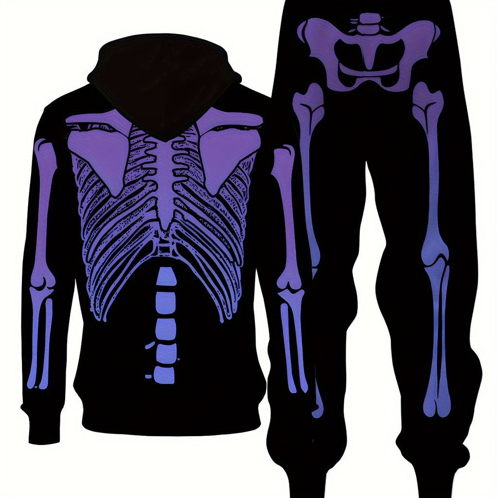 Men's Halloween Skull Pattern Fashion Novelty Pajamas Loungewear Set, Hoodie And Sweatpants Set, Long Sleeve Sweatshirts Jogger Pant 2 Piece Outfits For Men